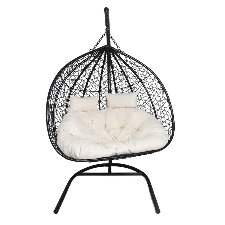 HaloFuture, fotel wiszący, dwuosobowy, kokon, czarny, beżowa poduszka