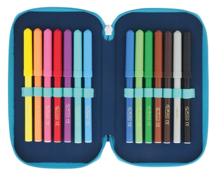 Herlitz, piórnik rozkładany, potrójny, z wyposażeniem, niebiesko-turkusowy