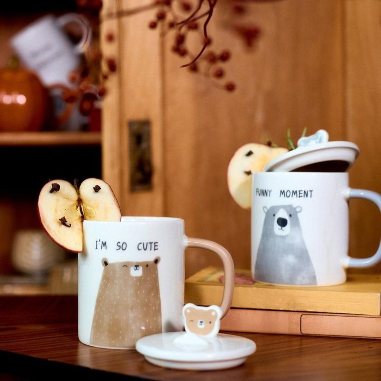 Homla, Batis, kubek, z brązowym misiem i porcelanową przykrywką, 0,35l