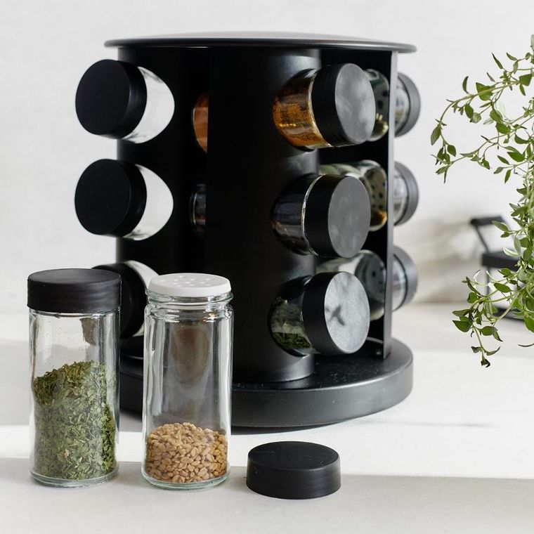 Homla, Otto, Stojak z przyprawnikami obrotowy czarny - 12 słoiczków 19-21 cm