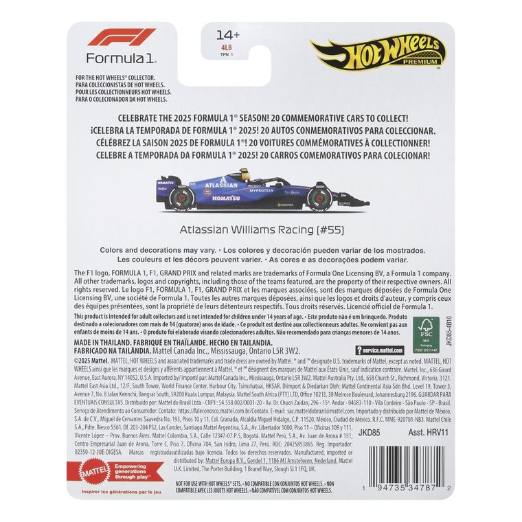 Hot Wheels, Premium, Formuła 1, Atlassian Williams Racing (#55), samochodzik, skala 1:64, JKD85