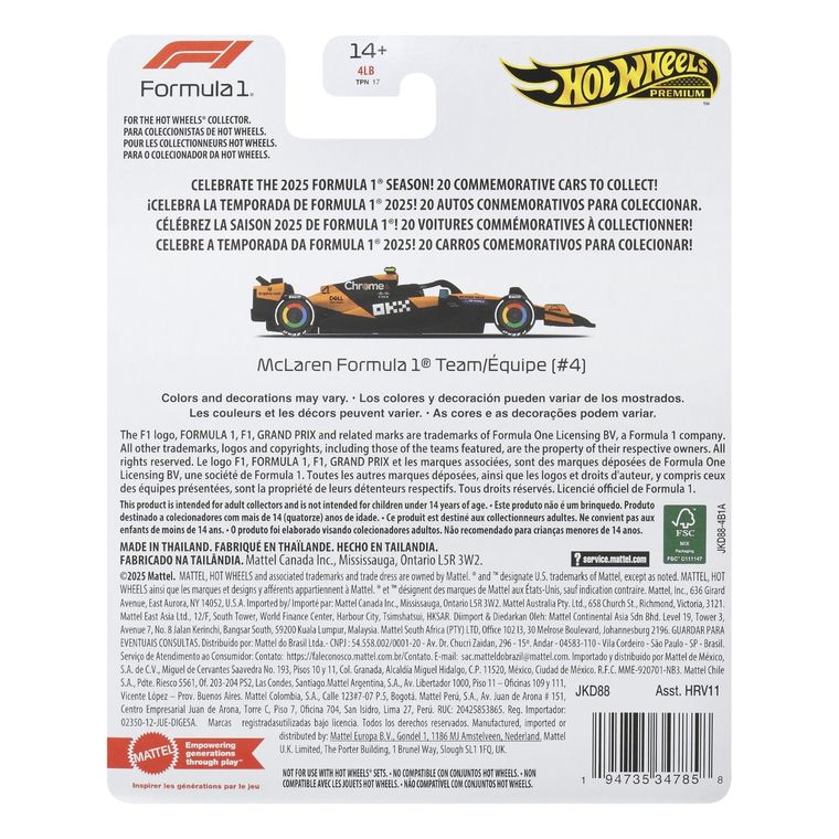 Hot Wheels, Premium, Formuła 1, McLaren Formula 1 Team (#4), pojazd, JKD88