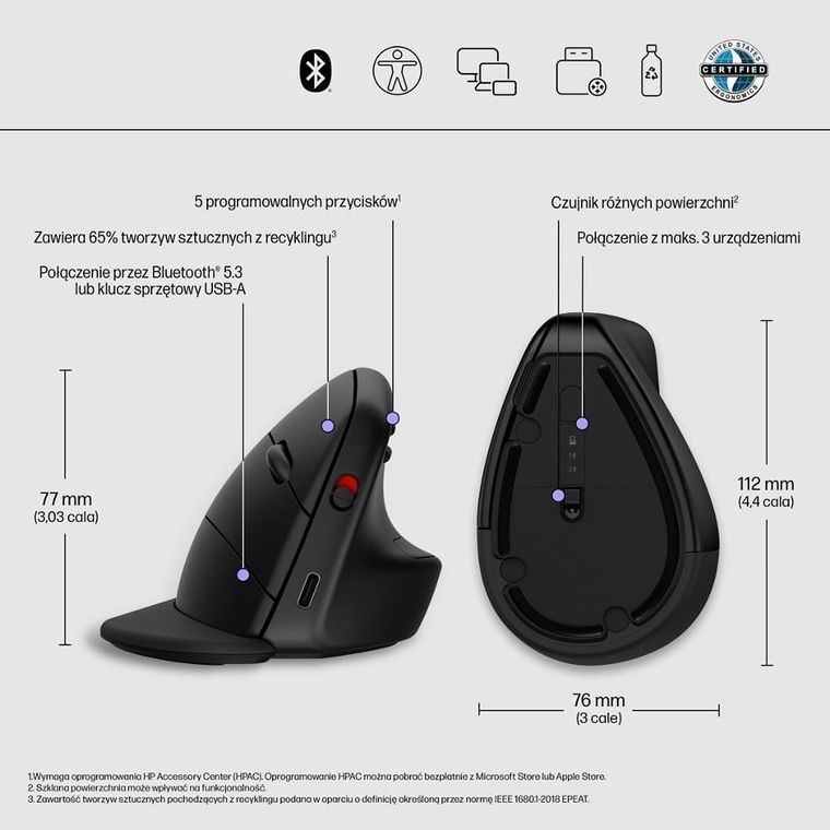 HP, 920 ergonomic vertical mouse, mysz bezprzewodowa, czarna