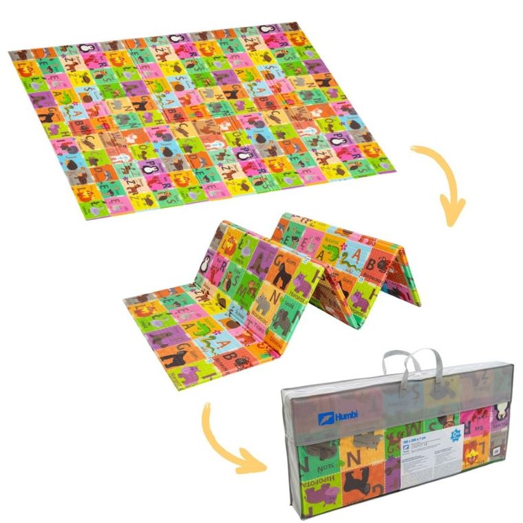 Humbi, dwustronna mata edukacyjna z pianki XPE, alfabet polski i wieś, 180-200 cm