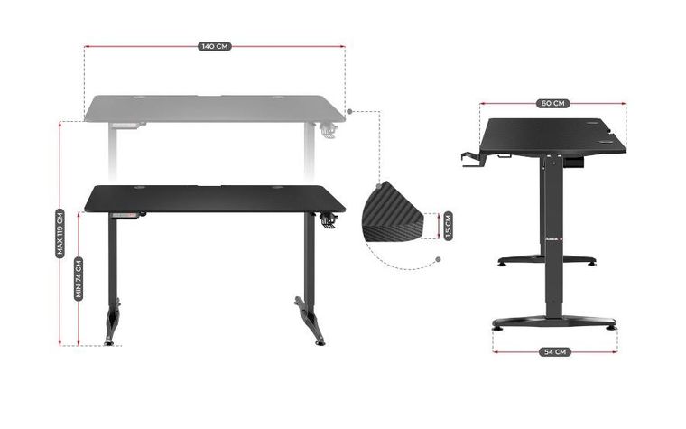 Huzaro, Hero 8.5, biurko gamingowe z regulacją wysokości, Black, 140 cm