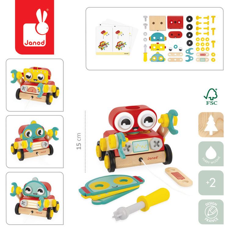 Janod, Brico ‘Kids, drewniany robot, zestaw majsterkowicza do skręcania i ciągnięcia