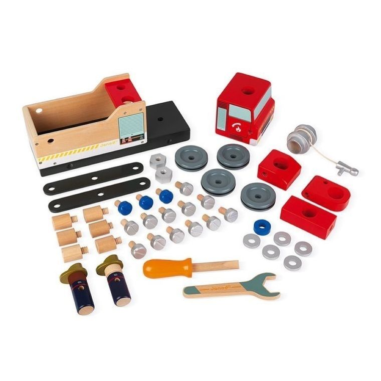 Janod, Brico ‘Kids, drewniany wóz strażacki do składania z narzędziami