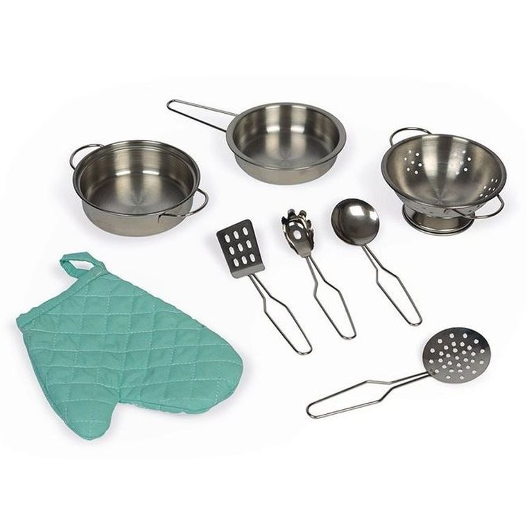 Janod, kuchnia z pralką, dwustronna, drewniana, 2w1, z dźwiękiem, światłem LED z 8 akcesoriami