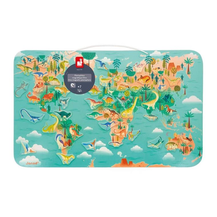 Janod, mapa świata, drewniana układanka magnetyczna, dinozaury, 50 magnesów