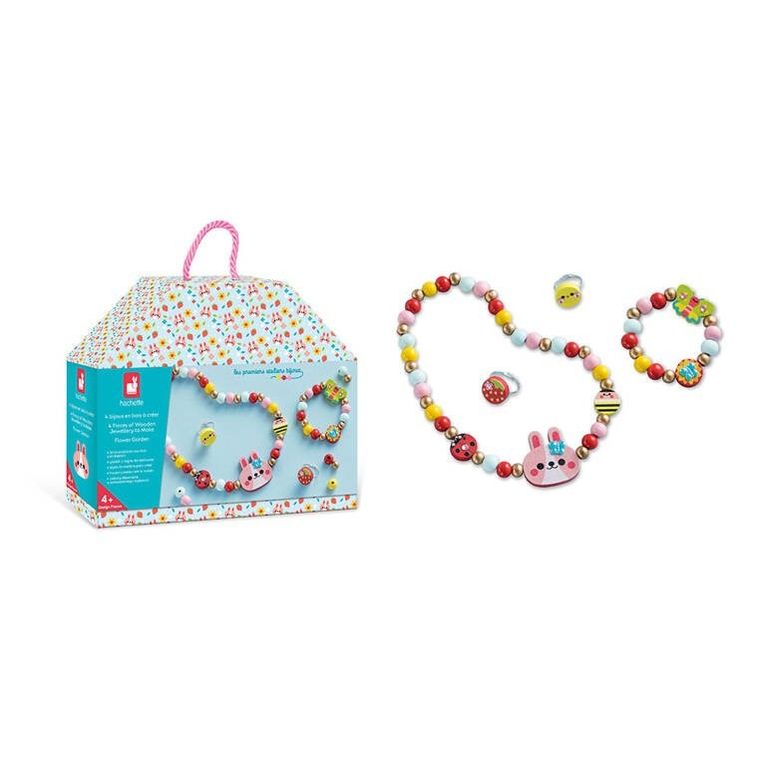 Janod, Ogród kwiatów, zestaw kreatywny do tworzenia biżuterii z drewna