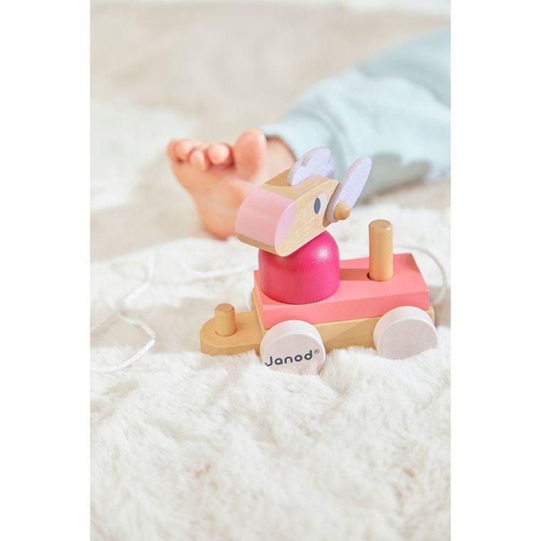 Janod, Zigolos, pociąg drewniany z klockami i zwierzątkami do ciągnięcia