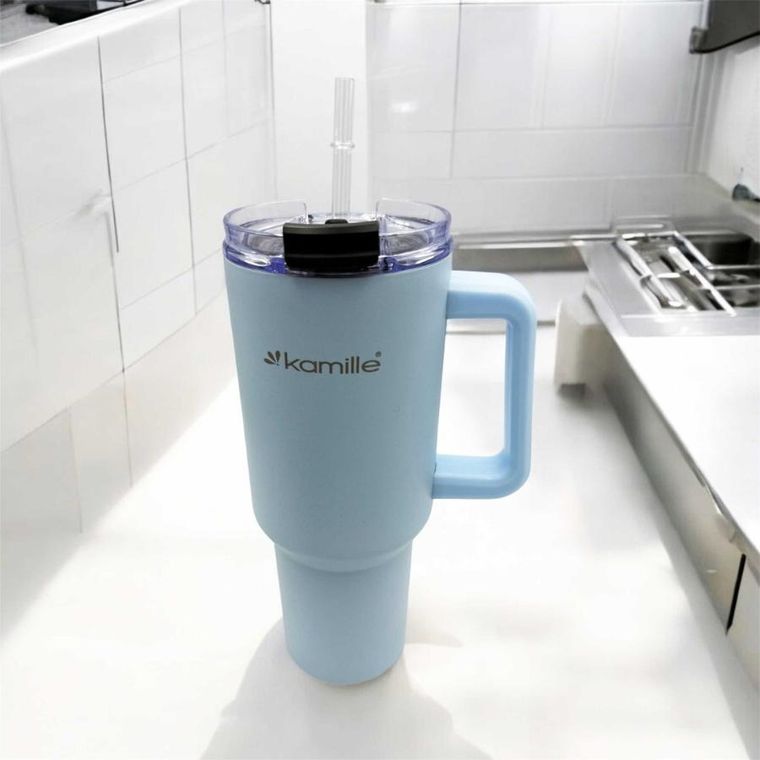 Kamille, stalowy kubek termiczny, termos, 1200 ml, z rączką i słomką