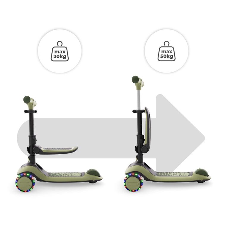 Kinderkraft, Halley 2, hulajnoga 3-kołowa, balansowa 2w1, LED, Grassland Green