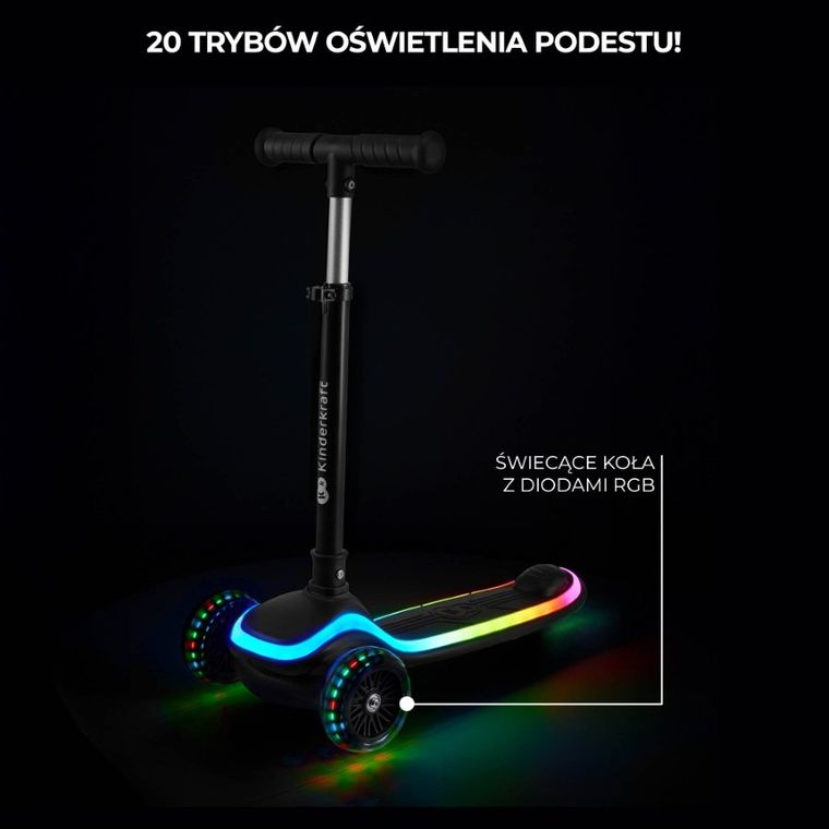 Kinderkraft, Raket, hulajnoga 3-kołowa LED, Black