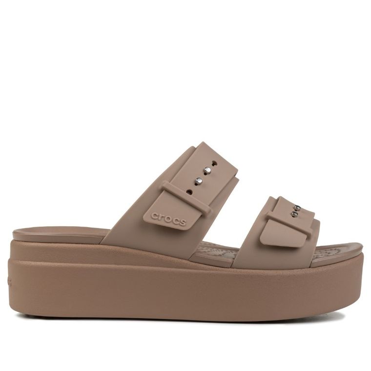 Klapki damskie, brązowe, Crocs Brooklyn Buckle Lowwdg