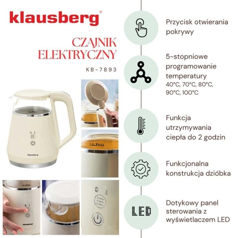 Klausberg, czajnik elektryczny LED z regulacją temperatury, 1l