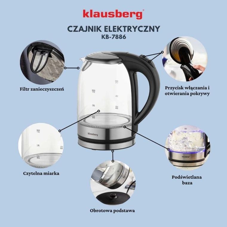 Klausberg, czajnik elektryczny szklany LED, 1,7l