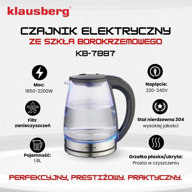 Klausberg, czajnik elektryczny szklany LED rgb, 1,8l