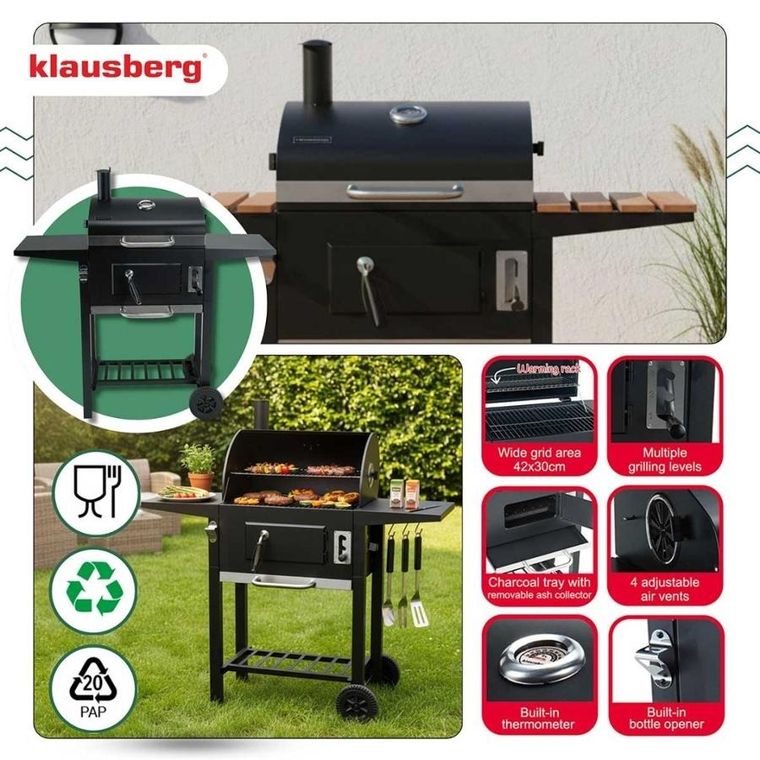 Klausberg, grill węglowy na kółkach z półkami, kb-9034