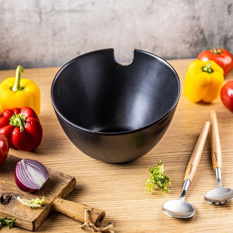 Klausberg, porcelanowa misa do sałat z przyborami, czarna, kb-7786