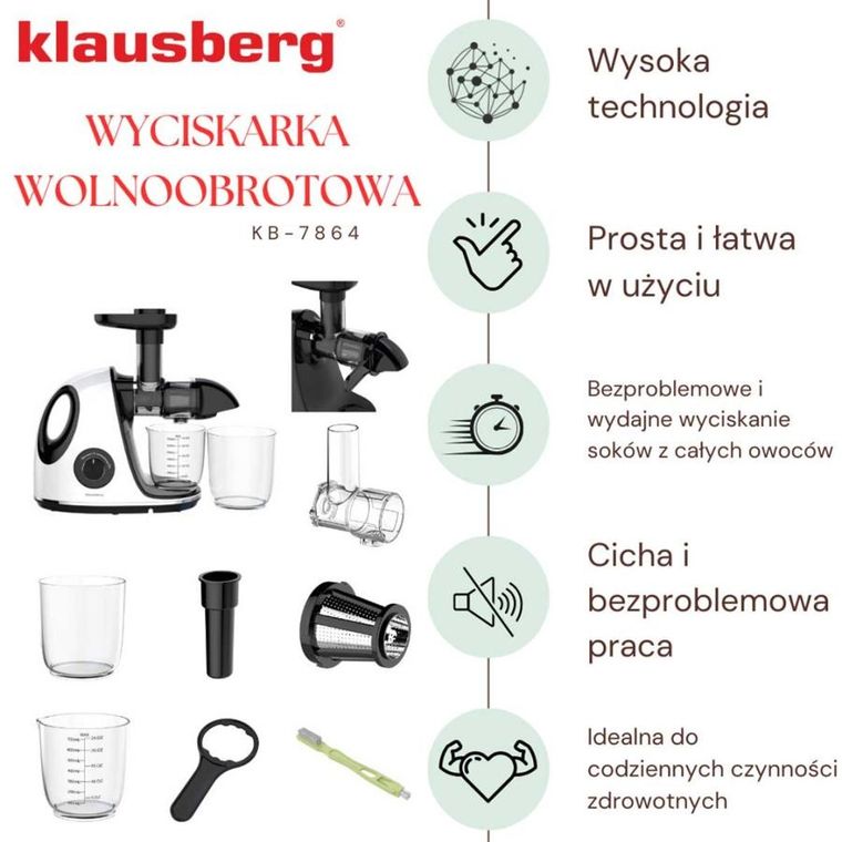 Klausberg, sokowirówka, wyciskarka wolnoobrotowa, biała, KB-7864
