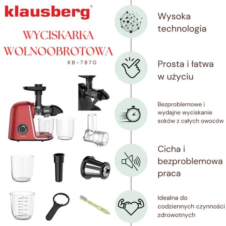 Klausberg, sokowirówka, wyciskarka wolnoobrotowa, czerwona, KB-7870