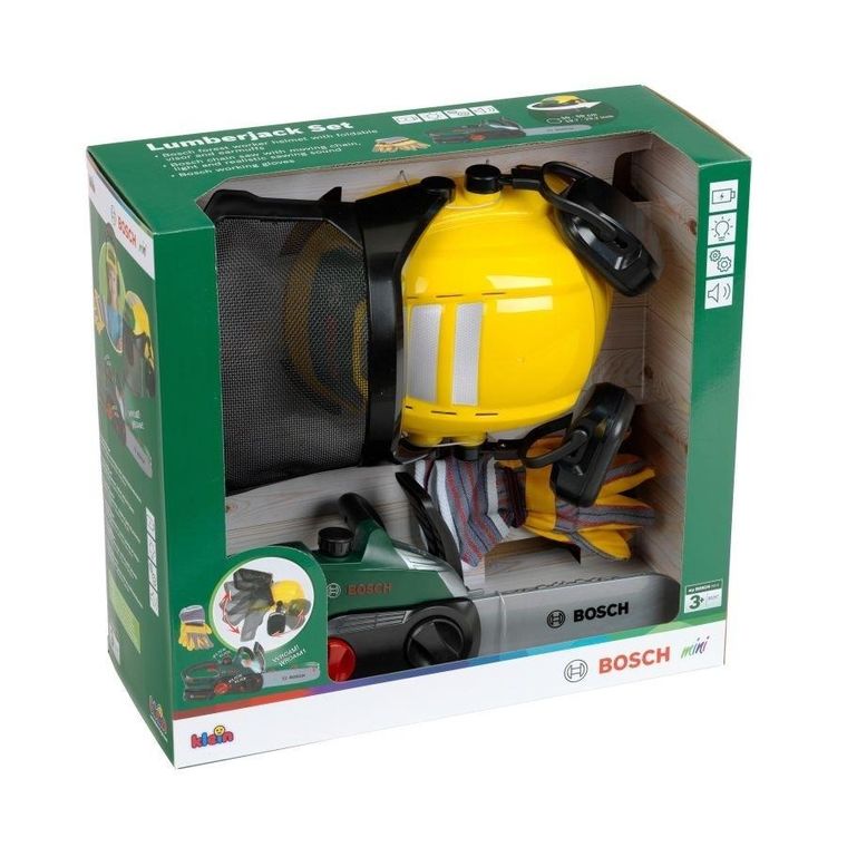 Klein, Bosch, zestaw drwala z piłą łańcuchową, kaskiem i rękawicami