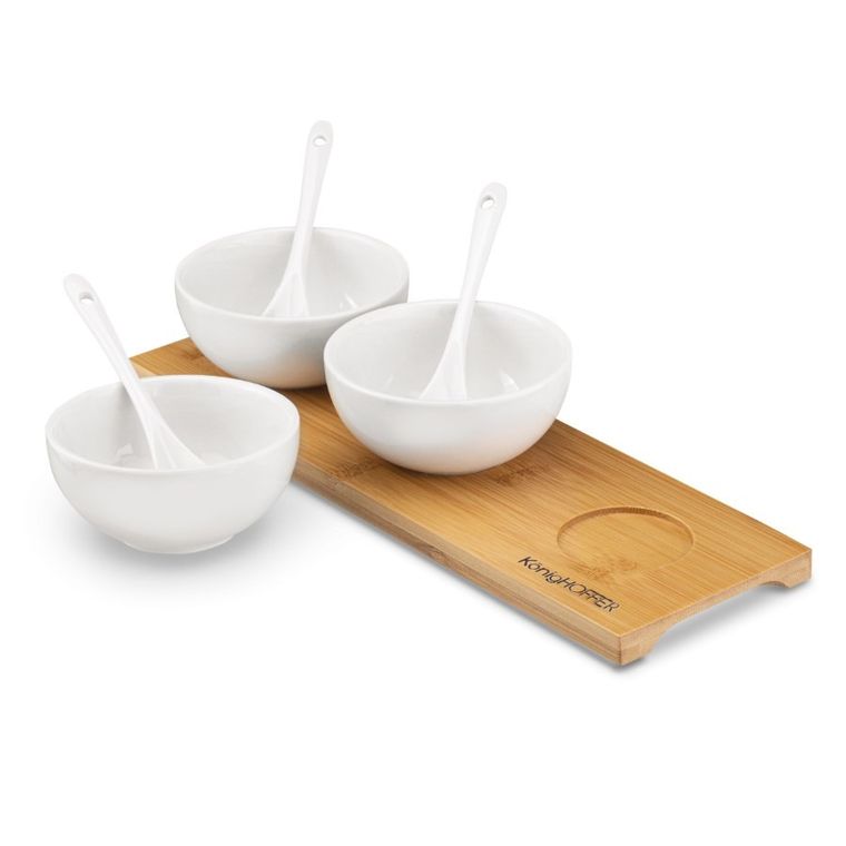 Könighoffer, miseczki do dipów na desce bambusowej z łyżeczkami, biały połysk, 3-150 ml