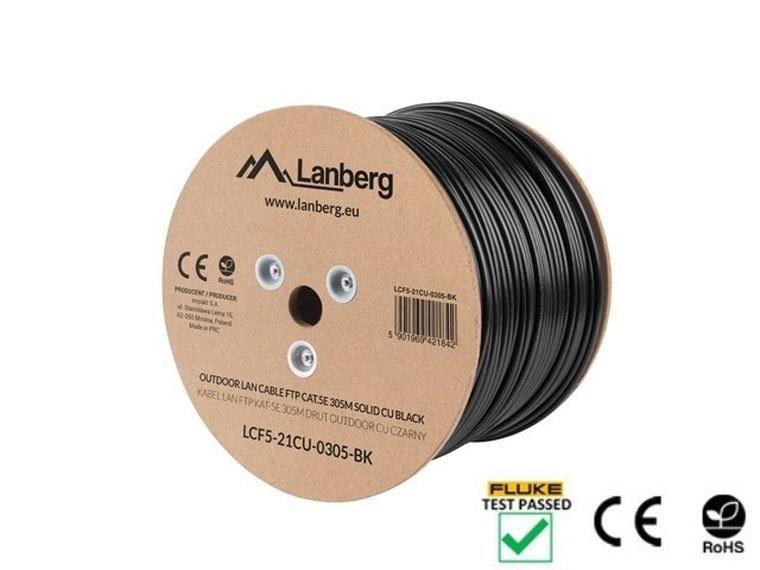 Lanberg, kabel sieciowy, zewnętrzne, LCF5-21CU-0305-BK, FTP, 305m, kat. 5e, czarny