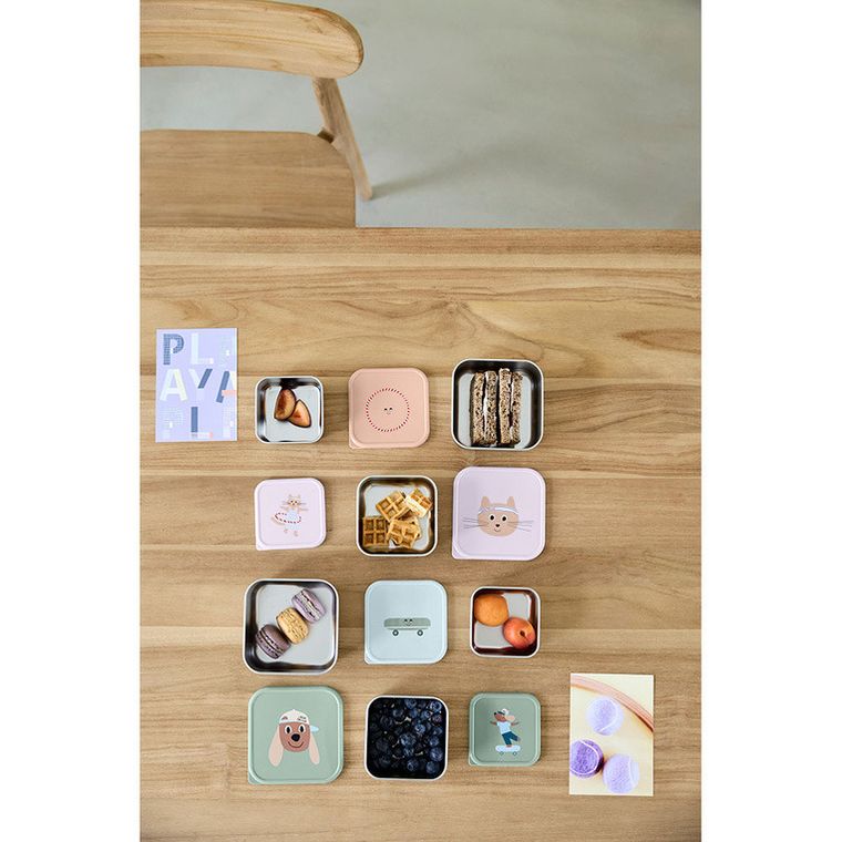 Lassig, Tiny Team, Kotek, snackbox ze stali nierdzewnej, pojemnik na przekąski, 3 szt.