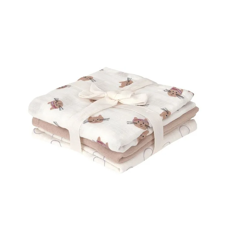 Lassig, Tiny Team, pieluszka muślinowa, otulacz z biobawełny, kotek, 60-60cm, 3 szt.