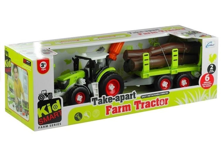 Lean Toys, rozkręcany traktor z przyczepą z drewnem, 43 cm