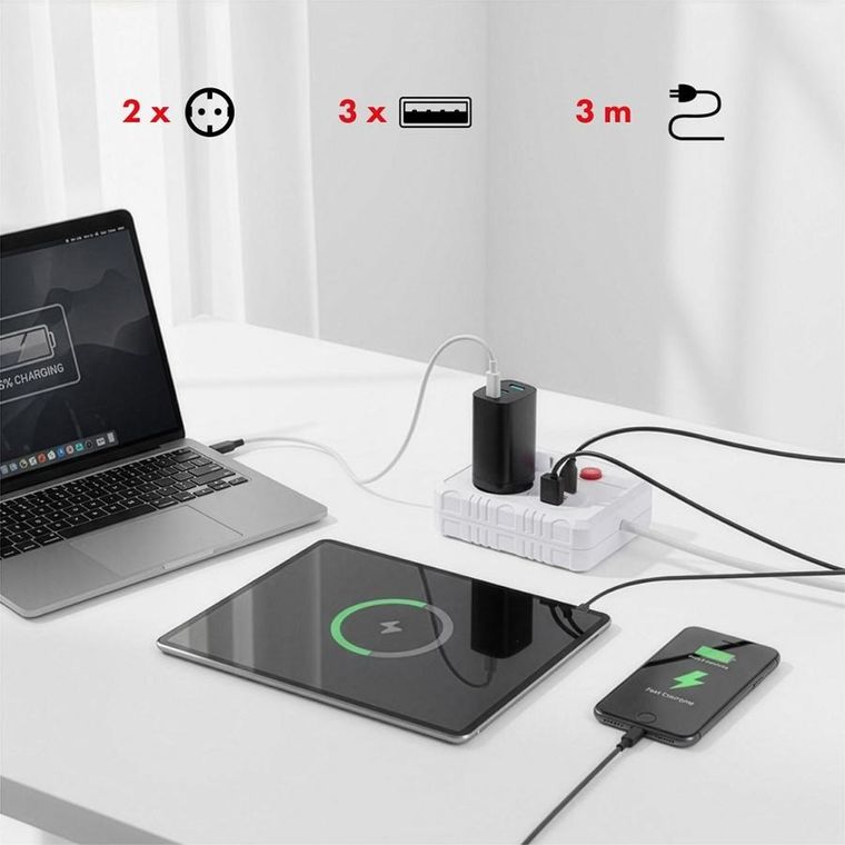 Maclean, listwa zasilająca, 2 gniazda, 3xUSB, 110-240V, AC 50/60HZ, 2.1A, 2500W, biała, 3m, MCE388 W