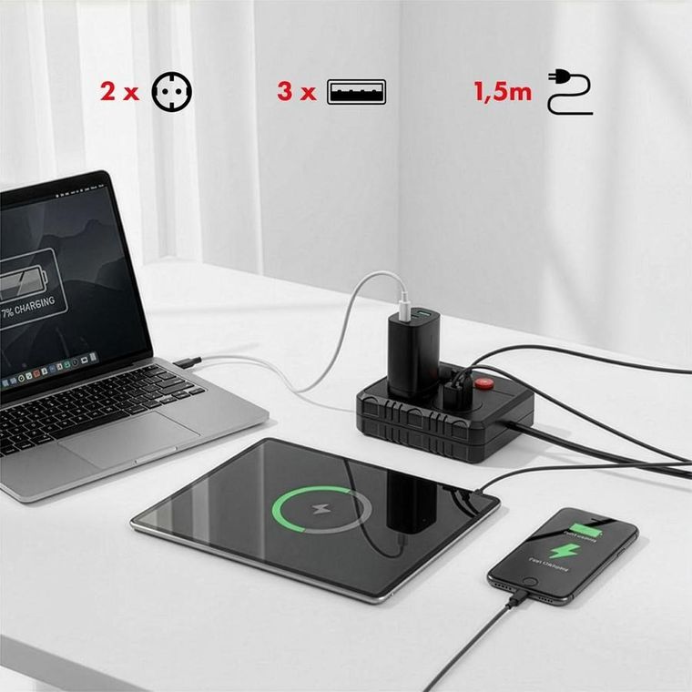 Maclean, listwa zasilająca, 2 gniazda, 3xUSB, 110-240V, AC 50/60HZ, 2.1A, 2500W, czarna, 1,5m, MCE387 B