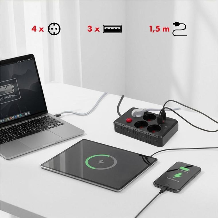 Maclean, listwa zasilająca, 4 gniazda + 3XUSB, 110-240V, AC 50/60HZ, 2.1A, MAX 2500W, 1,5M, czarna, MCE392 B