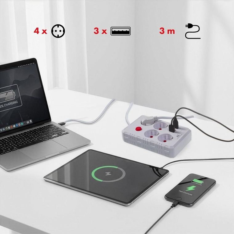 Maclean, listwa zasilająca, 4 gniazda, 3xUSB, 110-240V, AC 50/60HZ, 2.1A, 2500W, biała, 3m, MCE393 W