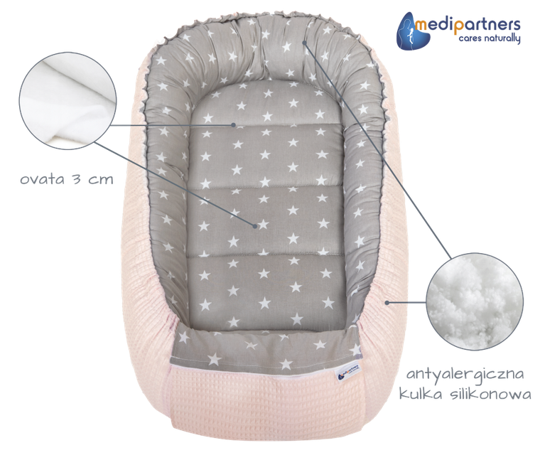 Medi Partners, Stars, gniazdo niemowlęce, kokon, wafel, szary, róż