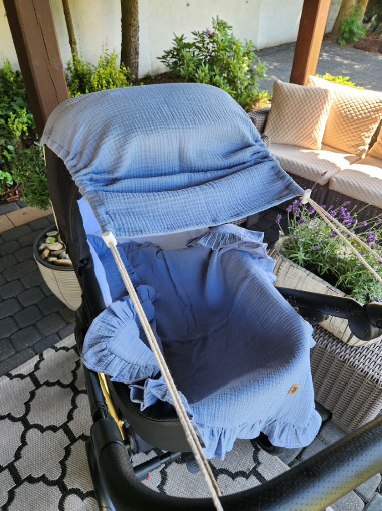 MimiNu, daszek do wózka, przeciwsłoneczna osłonka, muślin bawełniany, jeans