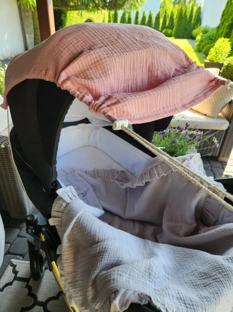 MimiNu, daszek do wózka, przeciwsłoneczna osłonka, muślin bawełniany, pudrowy róż