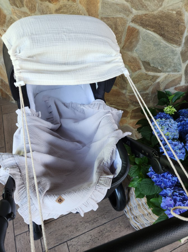 MimiNu, daszek do wózka, przeciwsłoneczna osłonka, muślin bawełniany, śmietanka