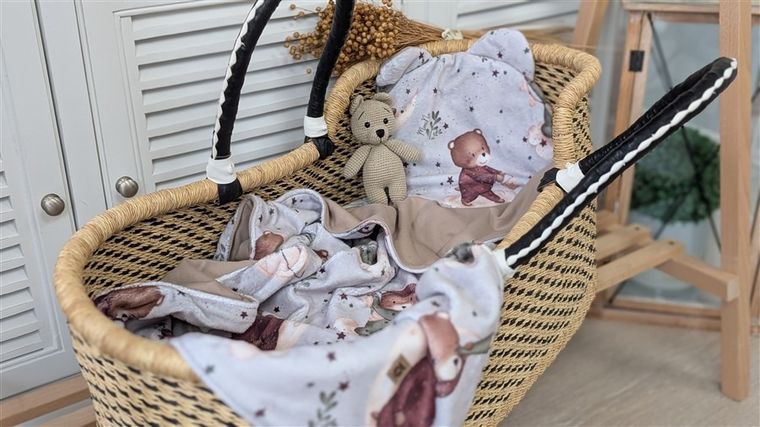MimiNu, NewMinky, kocyk, miś na księżycu + beż, 60-70 cm