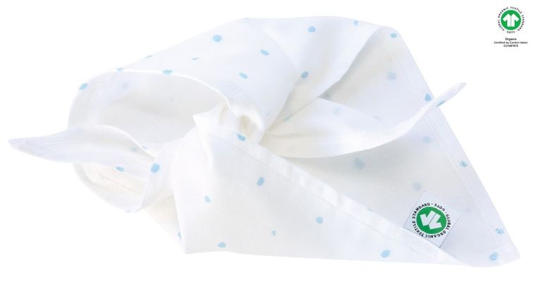 Motherhood, ECO Kropeczki Niebieskie, chusteczka muślinowa na główkę, 60-30 cm