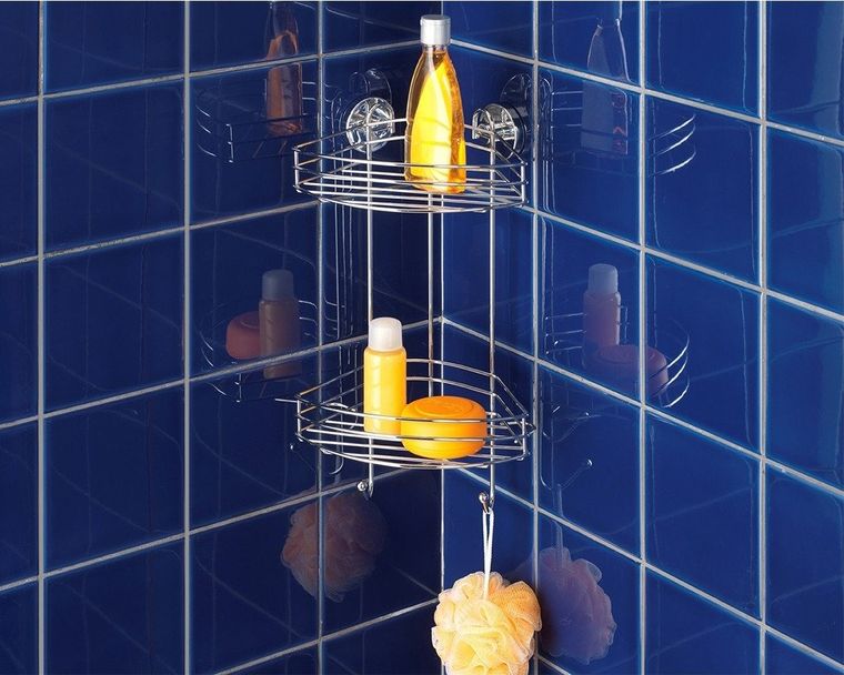 Narożna półka łazienkowa, vacuum-loc, 2 poziomy, stal chromowana