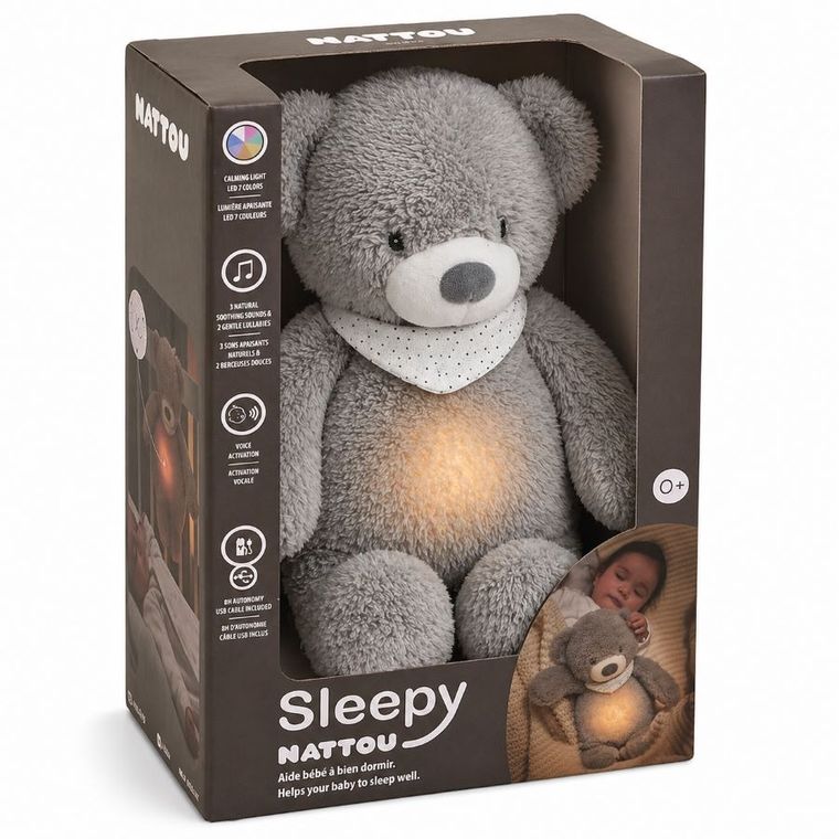 Nattou, Miś, lampka nocna pluszowa 4w1 z czujnikiem płaczu, Sleepy Bear, szary, 0m+