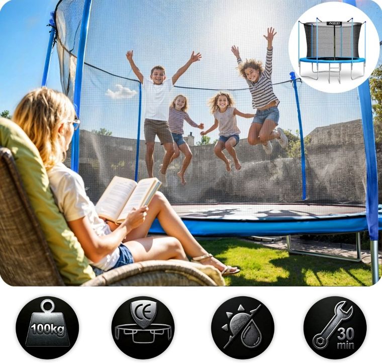 Neo-Sport, trampolina ogrodowa siatką wewnętrzna i drabinką, 8ft/252 cm