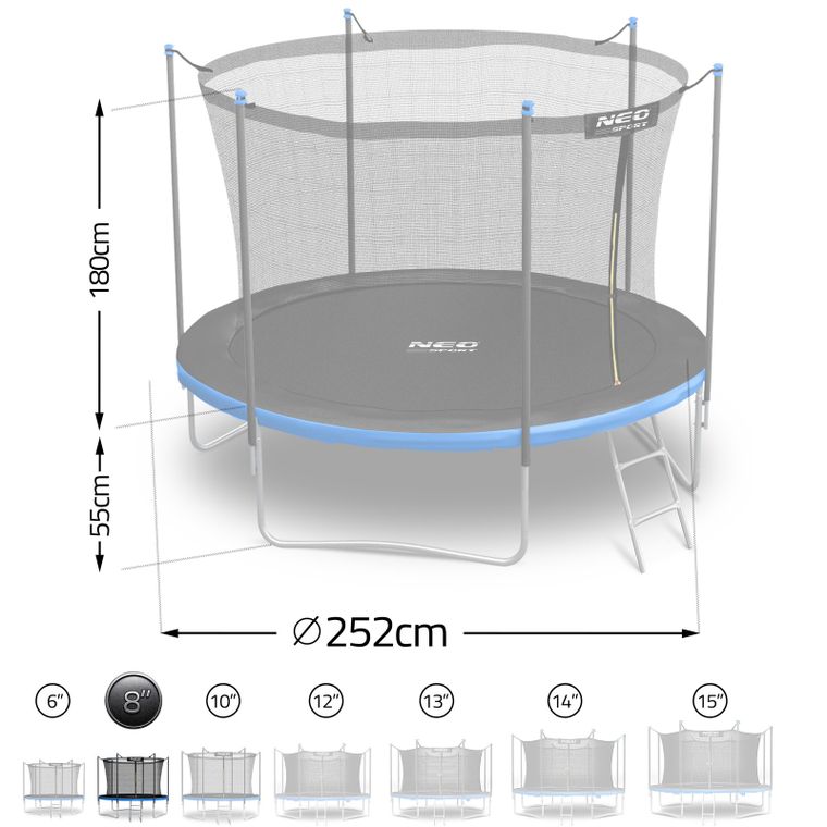 Neo-Sport, trampolina ogrodowa z siatką wewnętrzną i drabinką, 252 cm