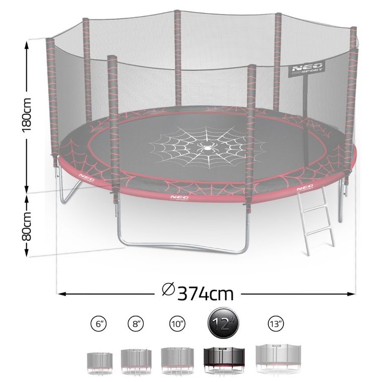 Neo-Sport, trampolina ogrodowa z siatką zewnętrzną i drabinką, 12ft/374 cm