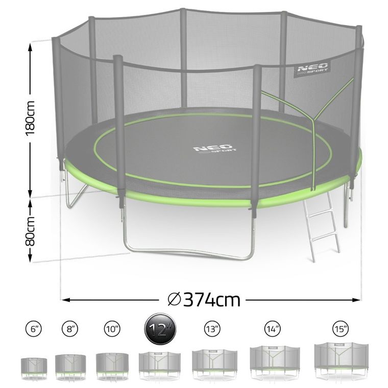 Neo-Sport, trampolina ogrodowa z siatką zewnętrzną i drabinką, 12ft/374 cm