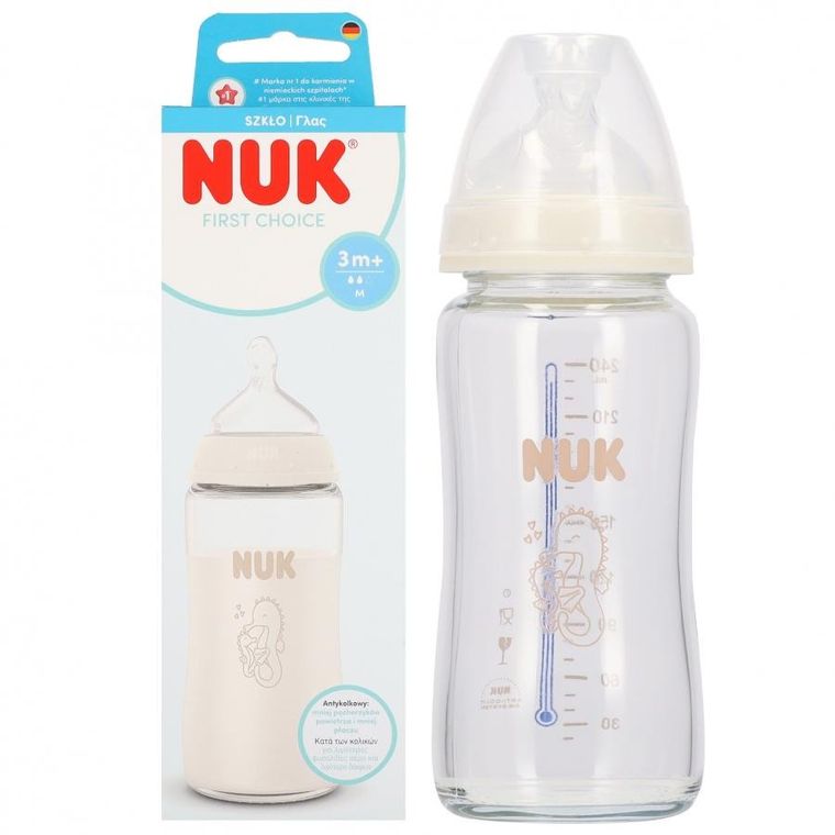 Nuk, First Choice, butelka szklana z silikonowym smoczkiem, rozmiar M, konik morski, 240 ml