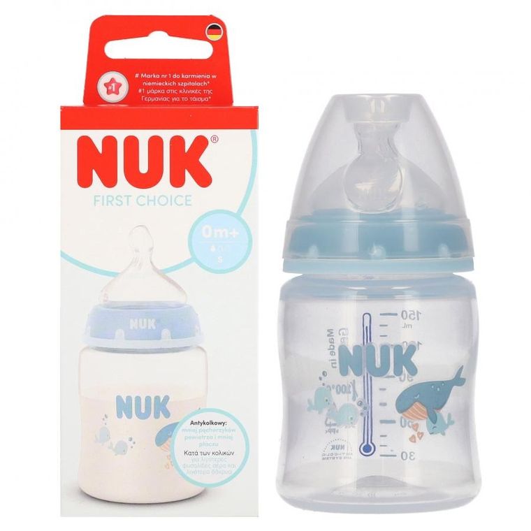 Nuk, First Choice, butelka z silikonowym smoczkiem S, wieloryb, 150 ml